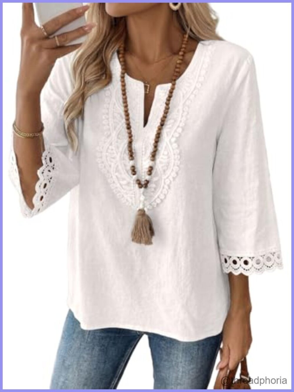 Womens 3/4 Sleeve Boho Lace V-Neck Blouse Loose Fit Tunic Top